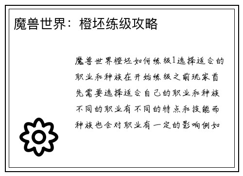 魔兽世界：橙坯练级攻略